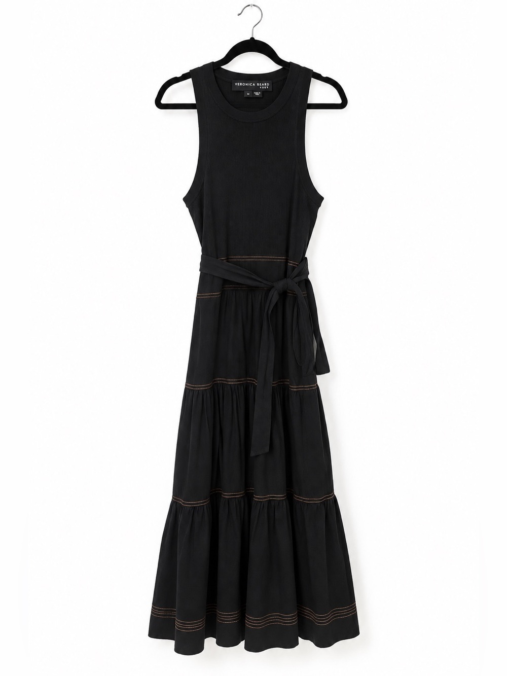 Veronica Beard Jeans Austyn Black Tiered Maxi Dress Size M Belt $428
